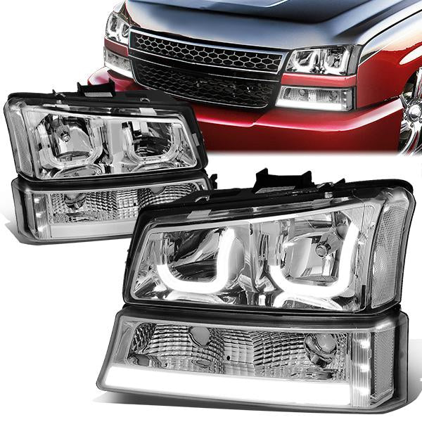 DNA Motoring, 03-06 Chevy Silverado Avalanche Double J-Shaped LED DRL Headlights+ Bumper Lamps (Chrome Housing)