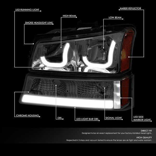 DNA Motoring, 03-06 Chevy Silverado Avalanche Double J-Shaped LED DRL Headlights+ Bumper Lamps (Smoked Amber)