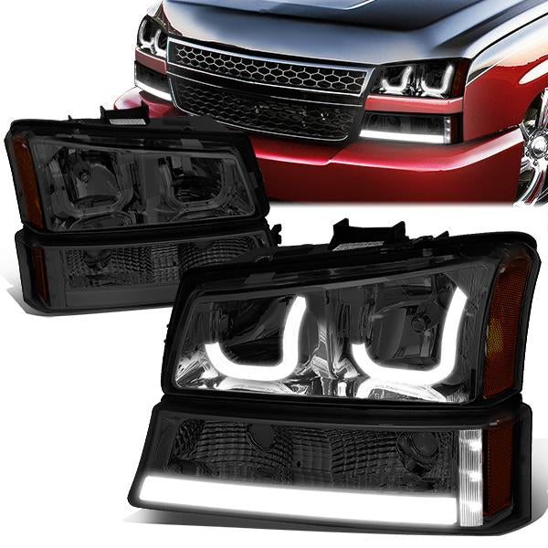 DNA Motoring, 03-06 Chevy Silverado Avalanche Double J-Shaped LED DRL Headlights+ Bumper Lamps (Smoked Amber)