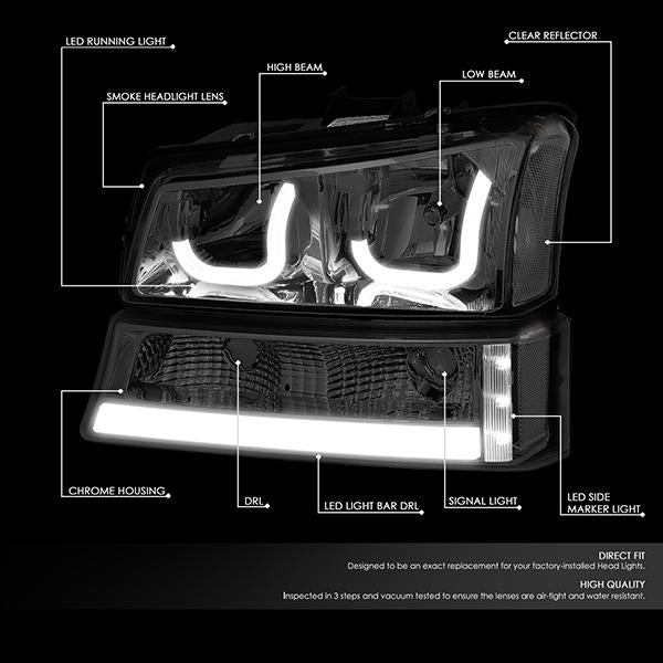 DNA Motoring, 03-06 Chevy Silverado Avalanche Double J-Shaped LED DRL Headlights+ Bumper Lamps (Smoked Housing)