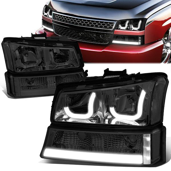 DNA Motoring, 03-06 Chevy Silverado Avalanche Double J-Shaped LED DRL Headlights+ Bumper Lamps (Smoked Housing)