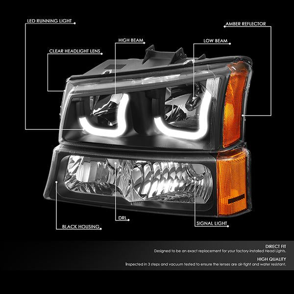 DNA Motoring, 03-06 Chevy Silverado Avalanche LED DRL Headlights+ Bumper Lamps (Black Amber)