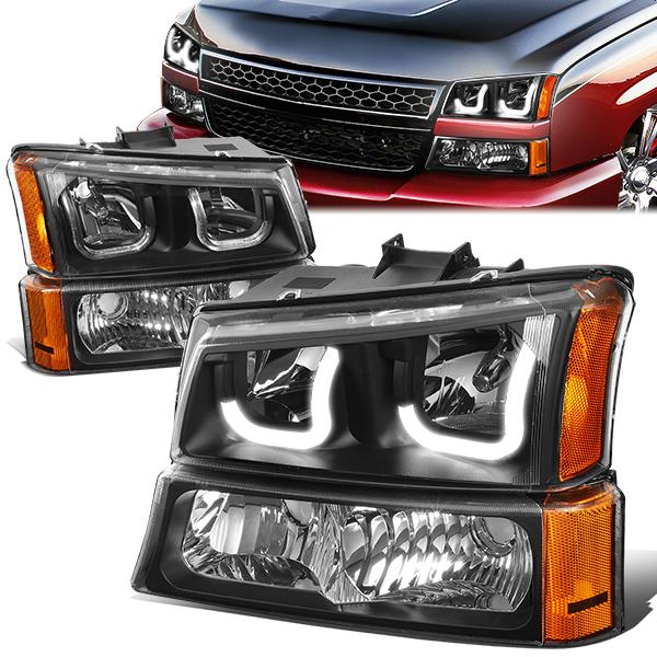 DNA Motoring, 03-06 Chevy Silverado Avalanche LED DRL Headlights+ Bumper Lamps (Black Amber)