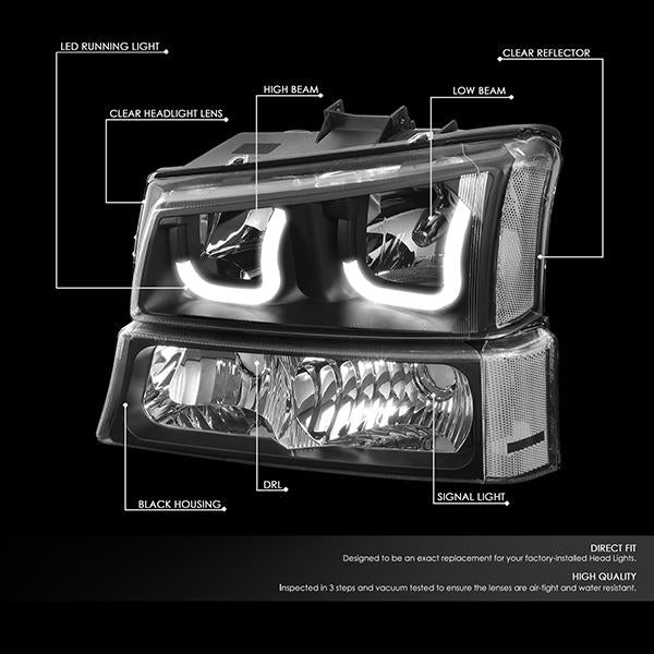 DNA Motoring, 03-06 Chevy Silverado Avalanche LED DRL Headlights+ Bumper Lamps (Black Clear)