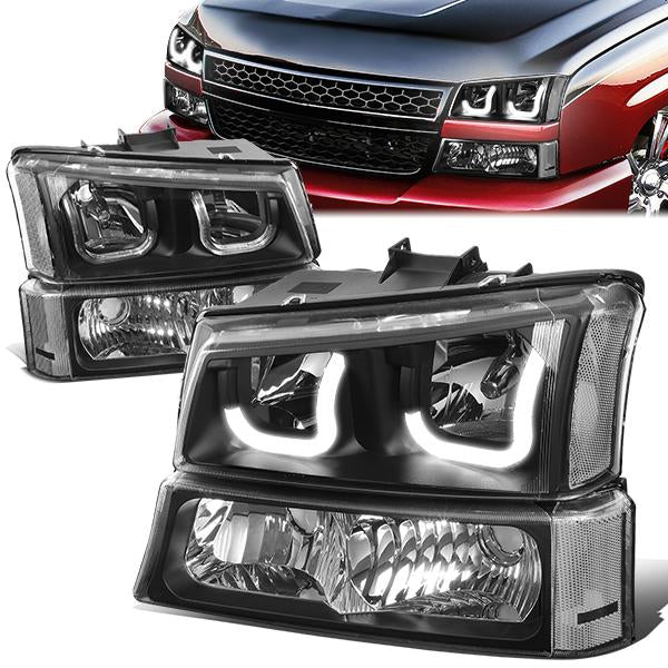 DNA Motoring, 03-06 Chevy Silverado Avalanche LED DRL Headlights+ Bumper Lamps (Black Clear)