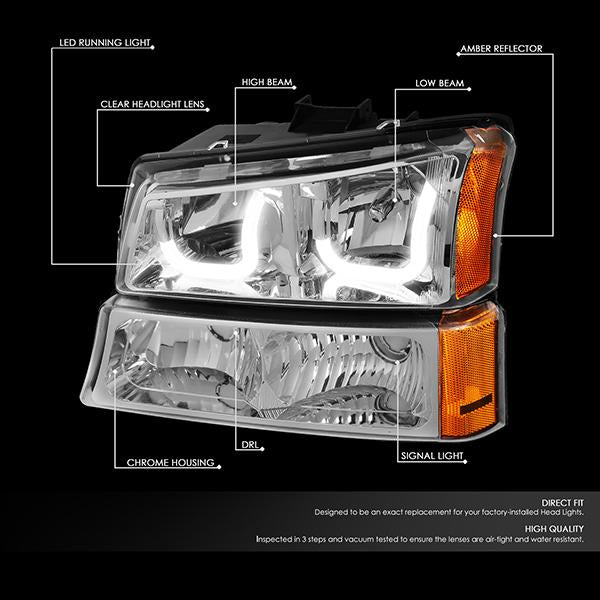 DNA Motoring, 03-06 Chevy Silverado Avalanche LED DRL Headlights+ Bumper Lamps (Chrome Amber)