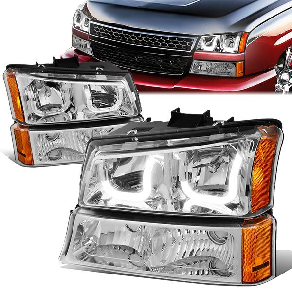 DNA Motoring, 03-06 Chevy Silverado Avalanche LED DRL Headlights+ Bumper Lamps (Chrome Amber)