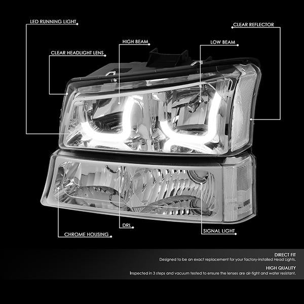 DNA Motoring, 03-06 Chevy Silverado Avalanche LED DRL Headlights+ Bumper Lamps (Chrome Clear)