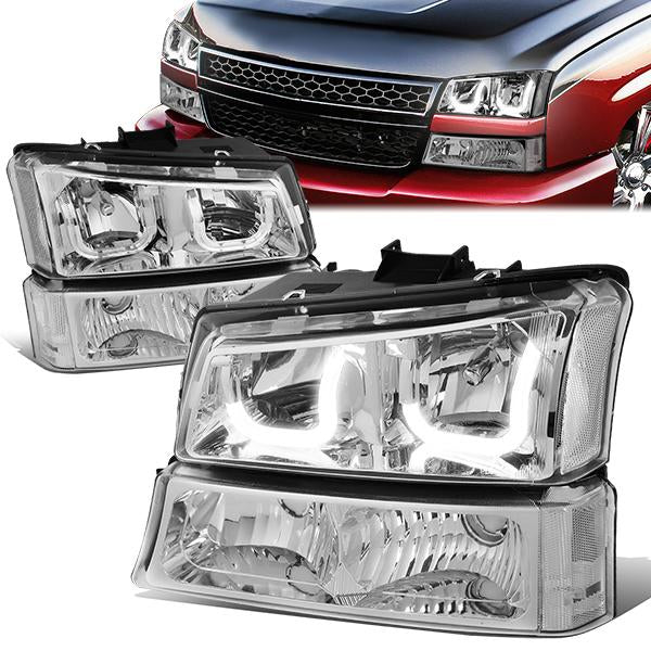 DNA Motoring, 03-06 Chevy Silverado Avalanche LED DRL Headlights+ Bumper Lamps (Chrome Clear)