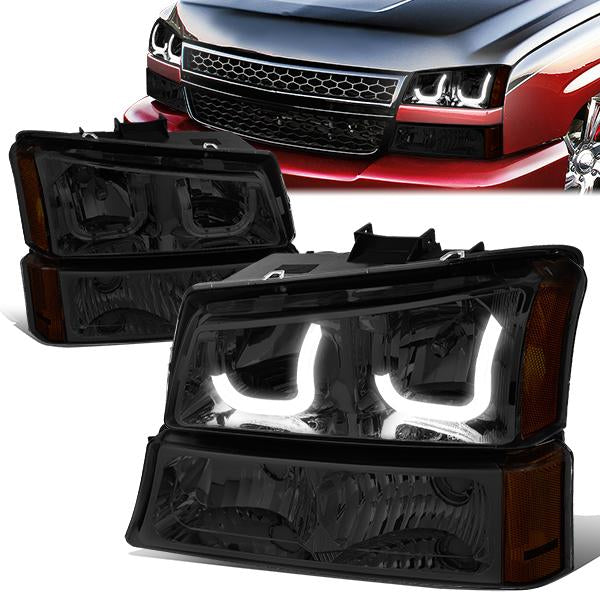 DNA Motoring, 03-06 Chevy Silverado Avalanche LED DRL Headlights+ Bumper Lamps (Smoked Amber)