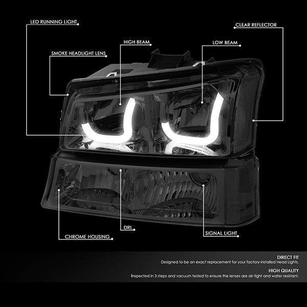 DNA Motoring, 03-06 Chevy Silverado Avalanche LED DRL Headlights+ Bumper Lamps (Smoked Clear)