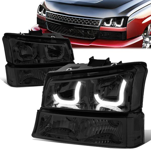 DNA Motoring, 03-06 Chevy Silverado Avalanche LED DRL Headlights+ Bumper Lamps (Smoked Clear)