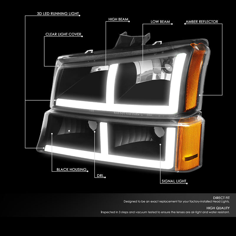 DNA Motoring, 03-07 Chevy Silverado 1500 2500 3500 LED DRL Headlights - Black Housing Amber Corner