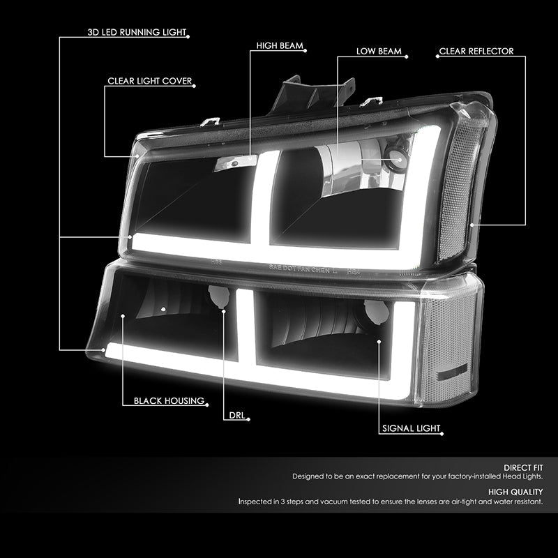 DNA Motoring, 03-07 Chevy Silverado 1500 2500 3500 LED DRL Headlights - Black Housing Clear Corner