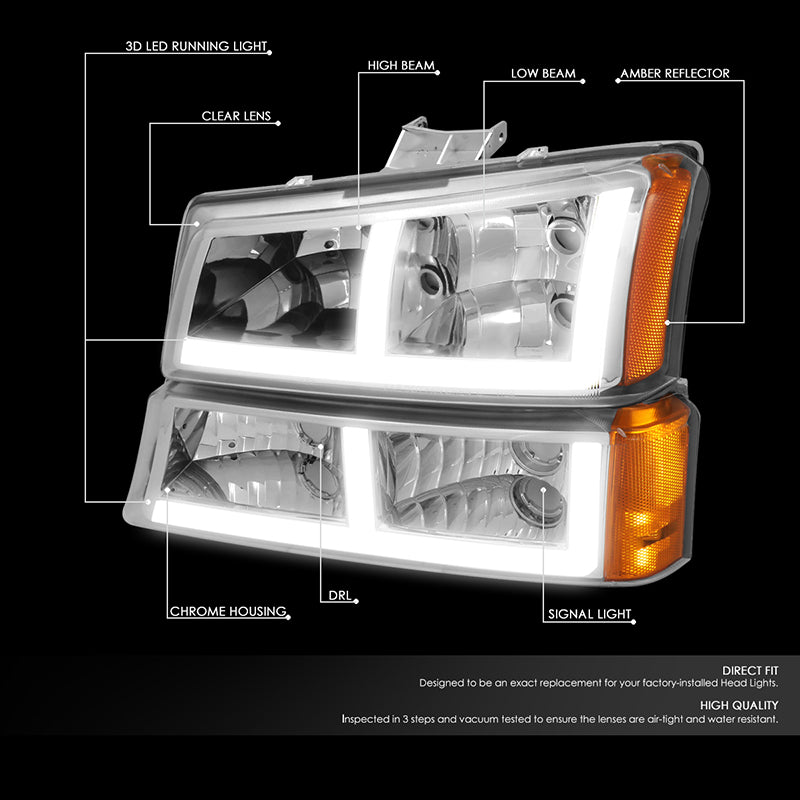 DNA Motoring, 03-07 Chevy Silverado 1500 2500 3500 LED DRL Headlights & Bumper Lamp (Chrome Housing)