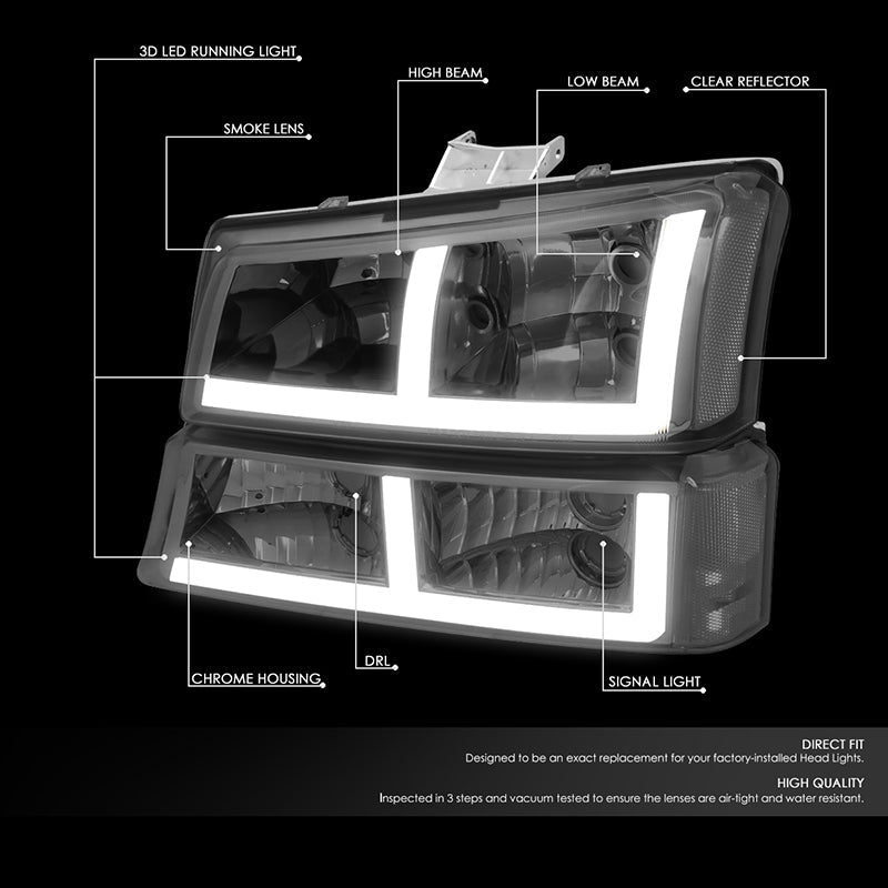 DNA Motoring, 03-07 Chevy Silverado 1500 2500 3500 LED DRL Headlights & Bumper Lamp (Tinted Lens)