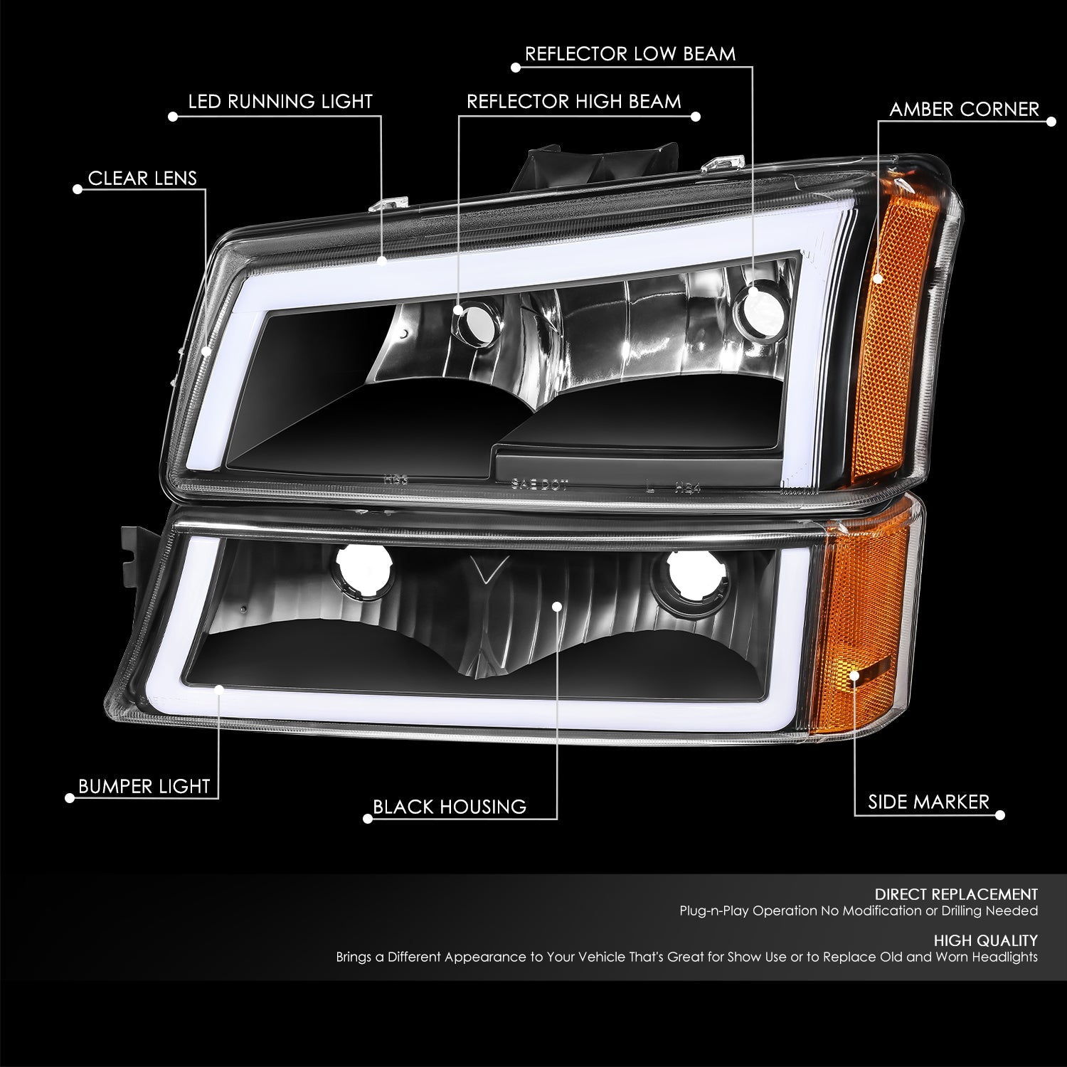 DNA Motoring, 03-07 Chevy Silverado / Avalanche LED DRL Headlights+Bumper Lamps (Black Amber)