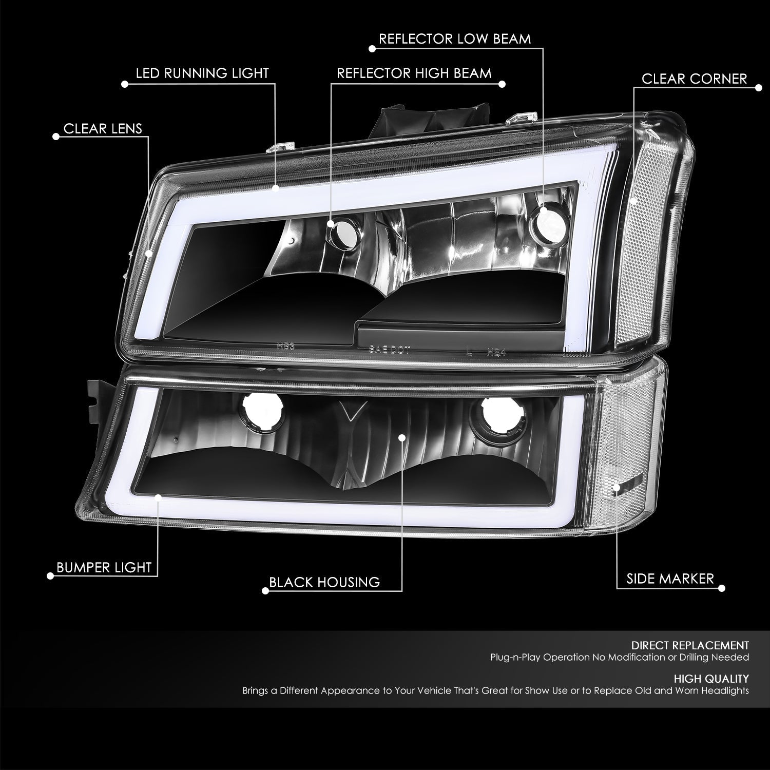 DNA Motoring, 03-07 Chevy Silverado / Avalanche LED DRL Headlights+Bumper Lamps (Black Clear)