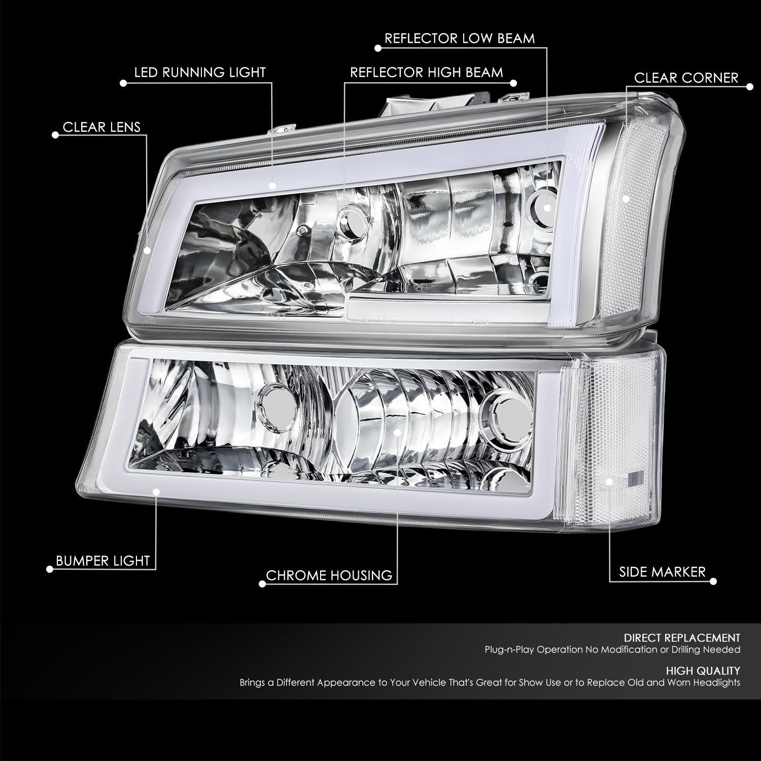 DNA Motoring, 03-07 Chevy Silverado / Avalanche LED DRL Headlights+Bumper Lamps (Chrome Clear)