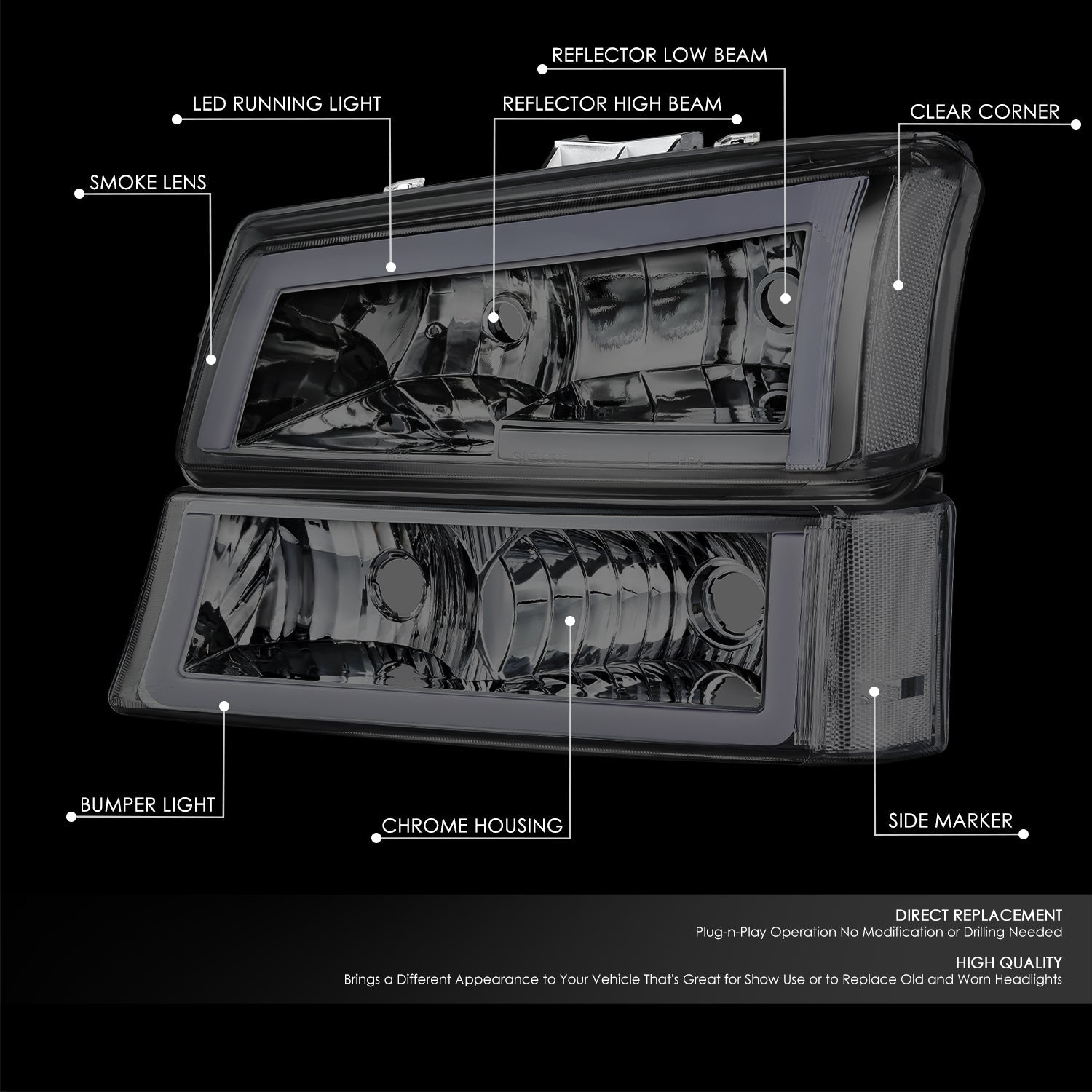 DNA Motoring, 03-07 Chevy Silverado / Avalanche LED DRL Headlights+Bumper Lamps (Smoked Clear)