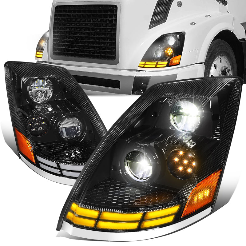 DNA Motoring, 03-17 Volvo VN VNL VNM VNX LED DRL+Turn Signal Headlights - Black Housing