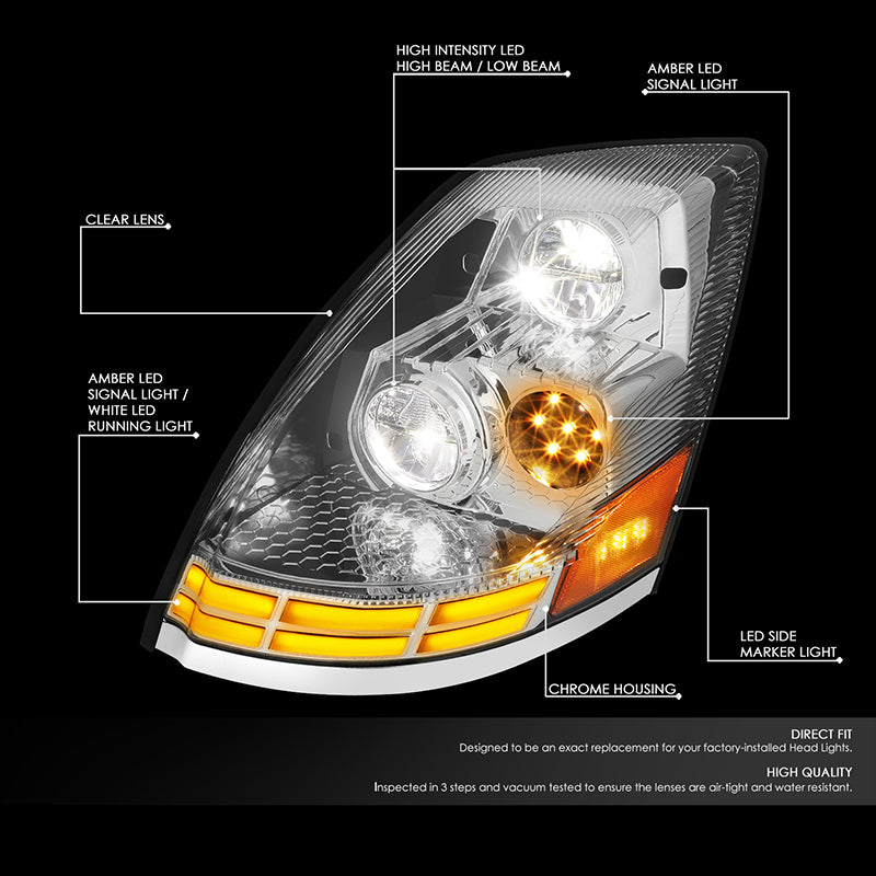 DNA Motoring, 03-17 Volvo VN VNL VNM VNX LED DRL+Turn Signal Headlights - Chrome Housing