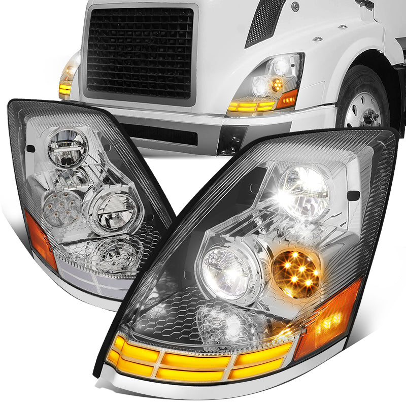 DNA Motoring, 03-17 Volvo VN VNL VNM VNX LED DRL+Turn Signal Headlights - Chrome Housing