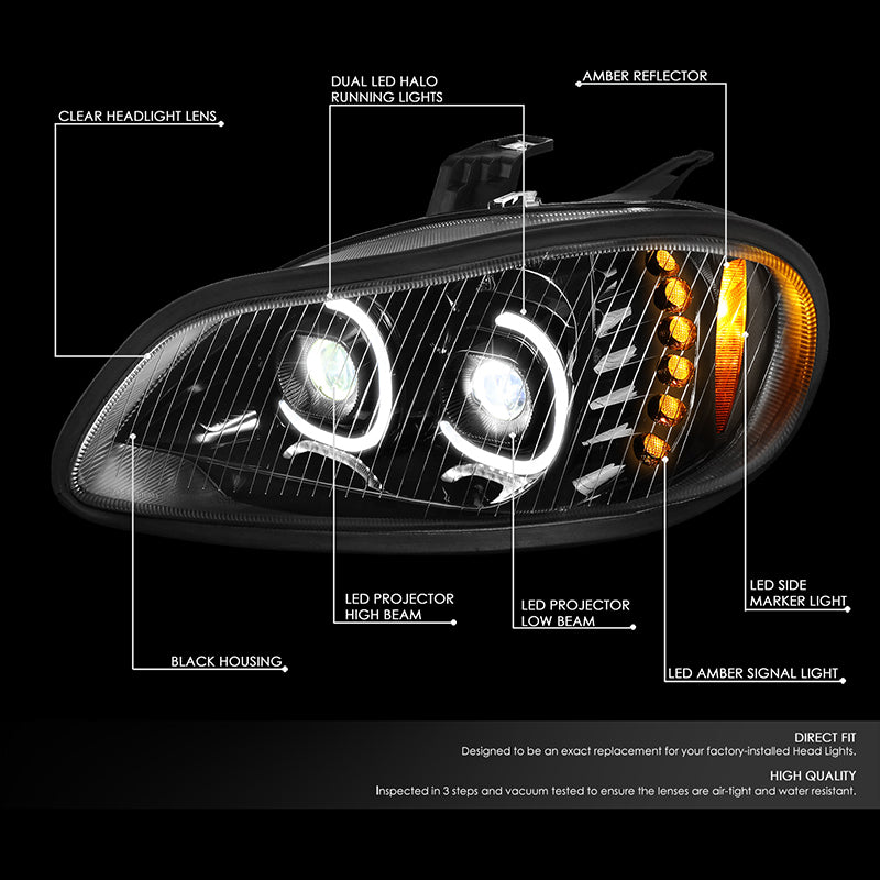 DNA Motoring, 03-19 Freightliner M2 106 112 LED DRL+Turn Signal Projector Headlights - Black Housing