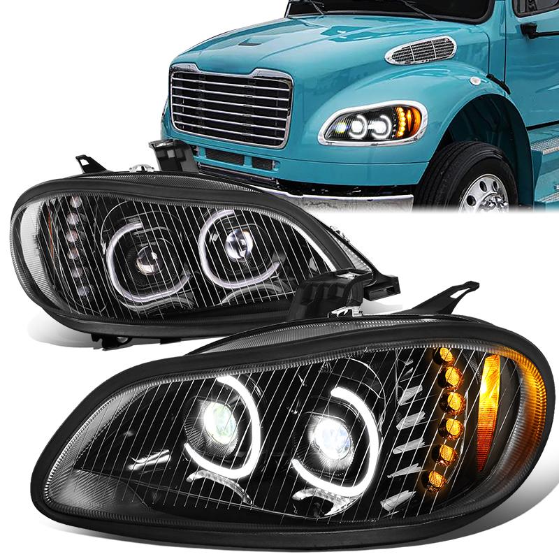 DNA Motoring, 03-19 Freightliner M2 106 112 LED DRL+Turn Signal Projector Headlights - Black Housing