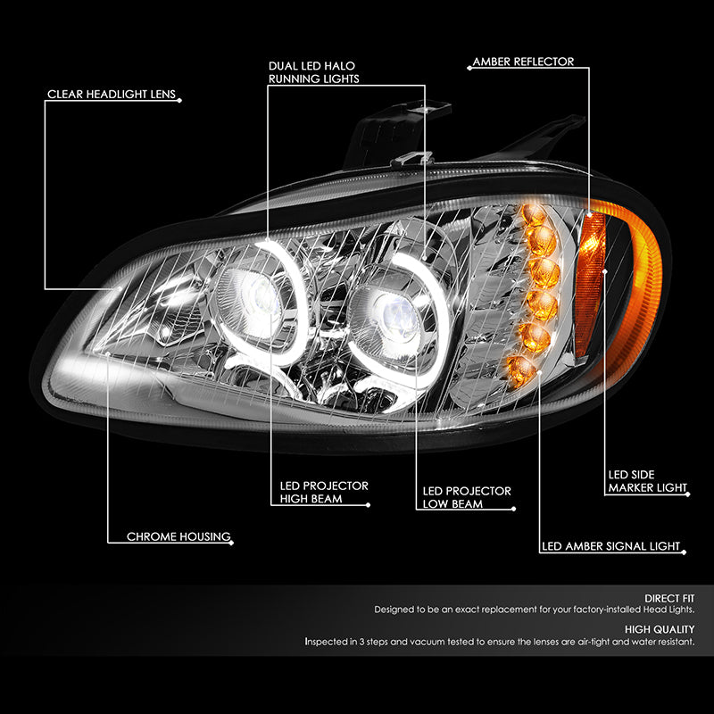 DNA Motoring, 03-19 Freightliner M2 106 112 LED DRL+Turn Signal Projector Headlights - Chrome Housing