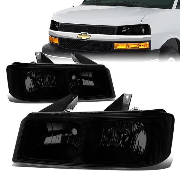 DNA Motoring, 03-20 Chevy Express GMC Savana 1500 2500 3500 Headlights - Smoked Housing