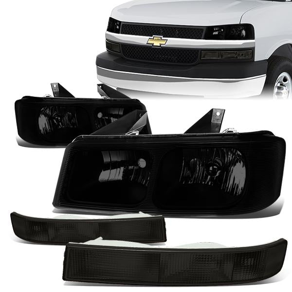 DNA Motoring, 03-20 Chevy Express GMC Savana 1500 2500 3500 Headlights+Bumper Lamp - Smoked Housing