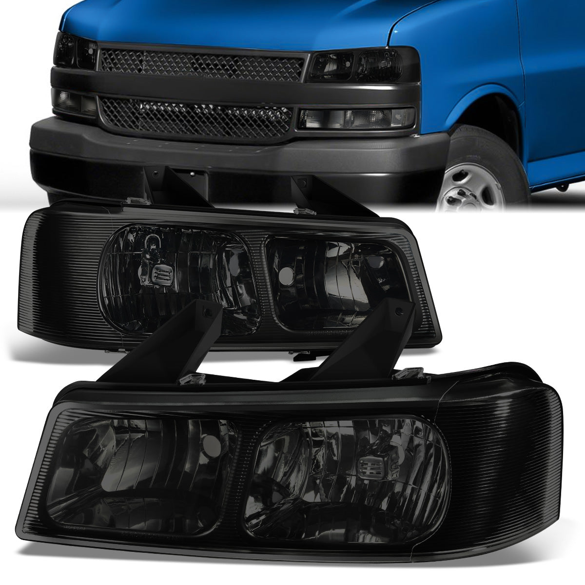 DNA Motoring, 03-22 Chevrolet Express GMC Savana 1500 2500 3500 Headlights - Chrome Smoked