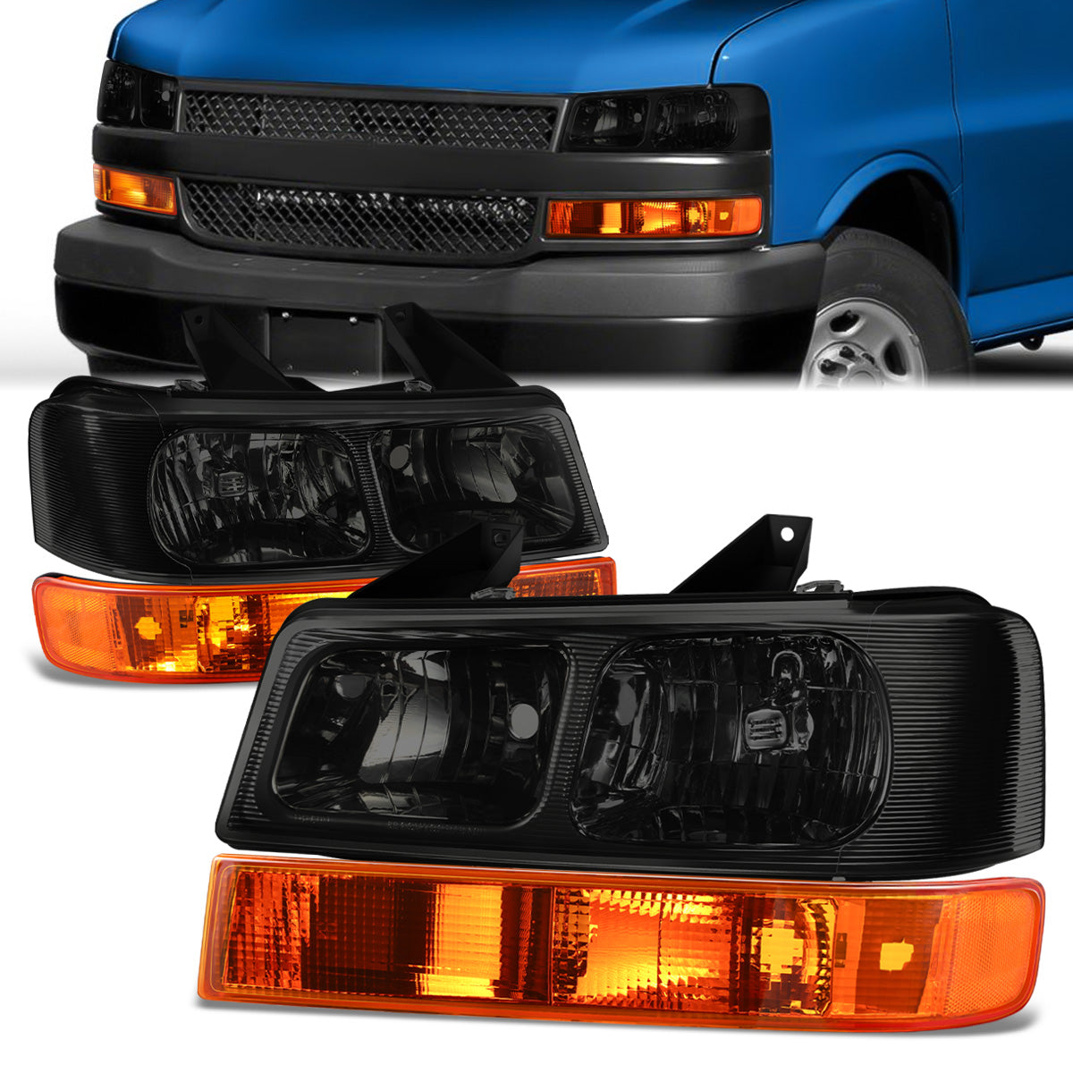 DNA Motoring, 03-22 Chevrolet Express GMC Savana 1500 2500 3500 Headlights+Signal Bumper Lamp - Chrome