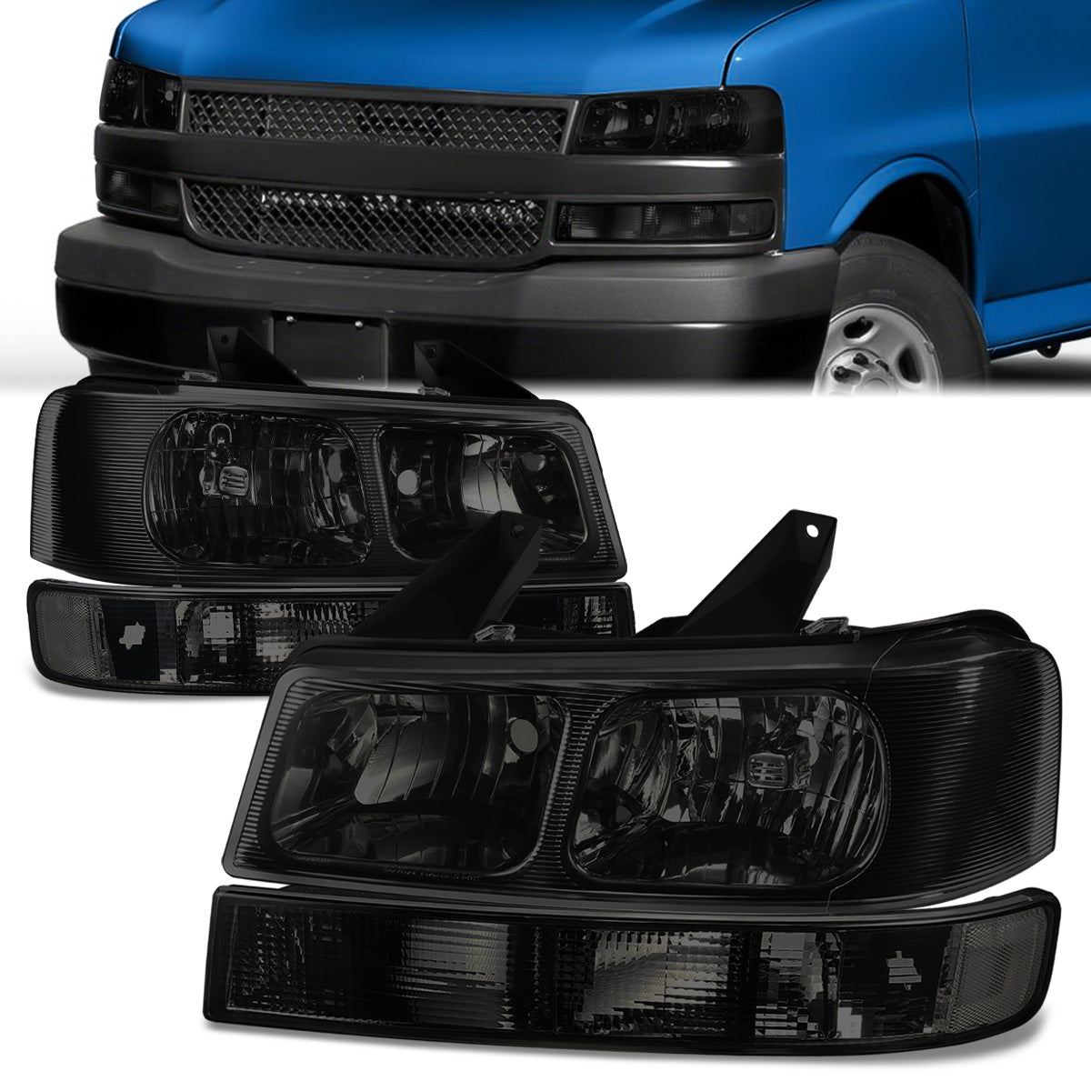 DNA Motoring, 03-22 Chevrolet Express GMC Savana 1500 2500 3500 Headlights+Signal Bumper Lamp - Smoked