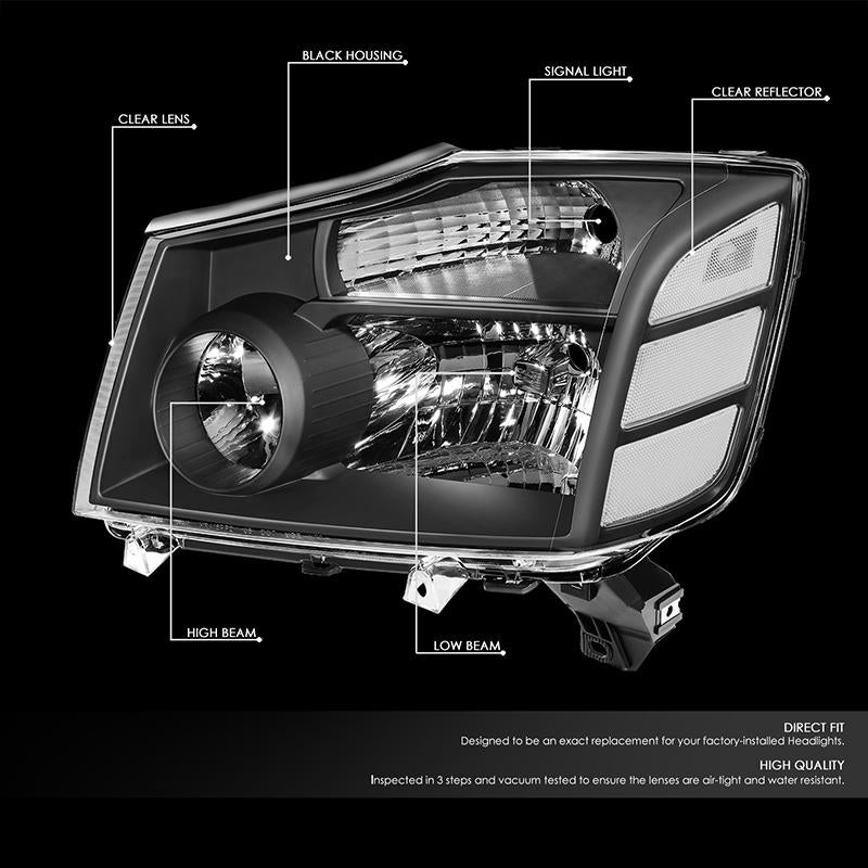 DNA Motoring, 04-15 Nissan Titan 05-07 Armada Headlights - Black Housing Clear Corner