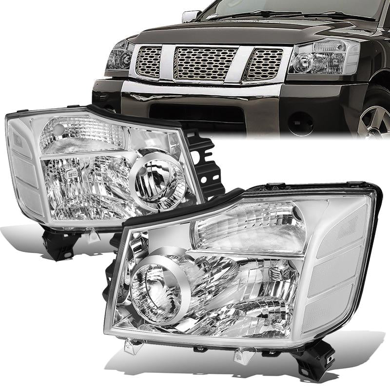 DNA Motoring, 04-15 Nissan Titan 05-07 Armada Headlights - Chrome Housing Clear Corner