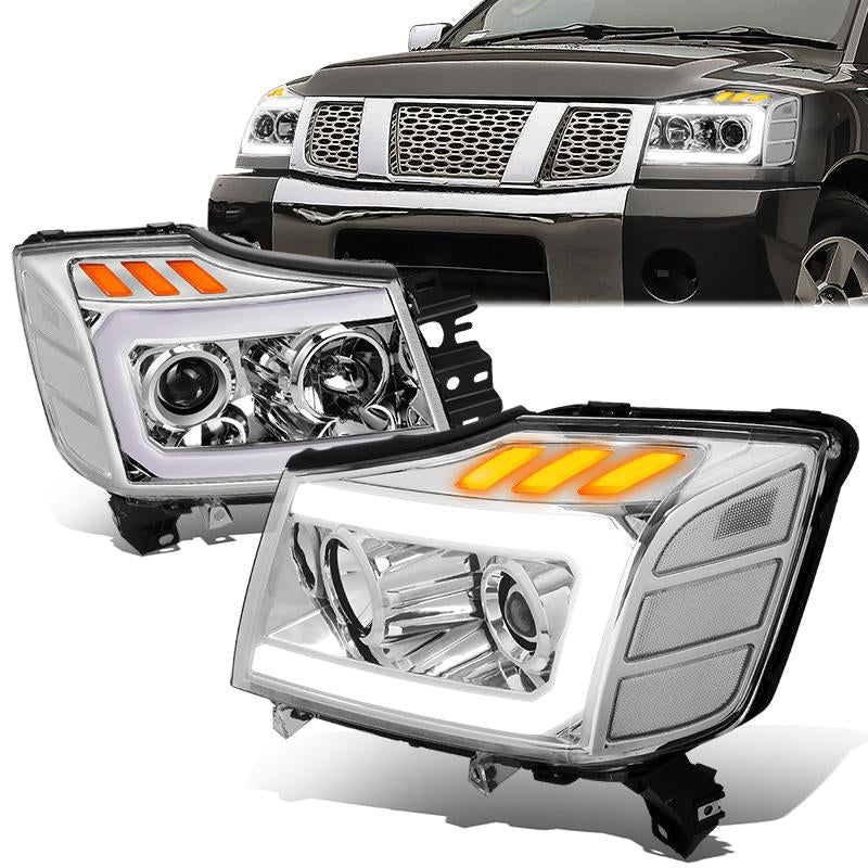 DNA Motoring, 04-15 Nissan Titan 05-07 Armada LED DRL+Turn Signal Projector Headlight - Chrome Clear