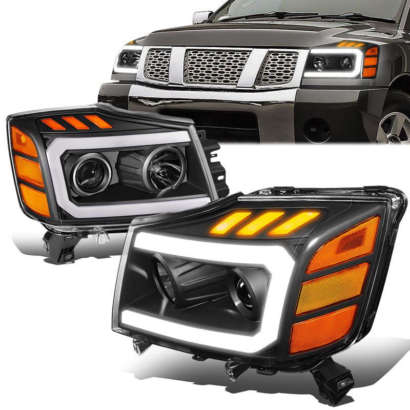 DNA Motoring, 04-15 Nissan Titan 05-07 Armada LED DRL+Turn Signal Projector Headlights - Black Amber