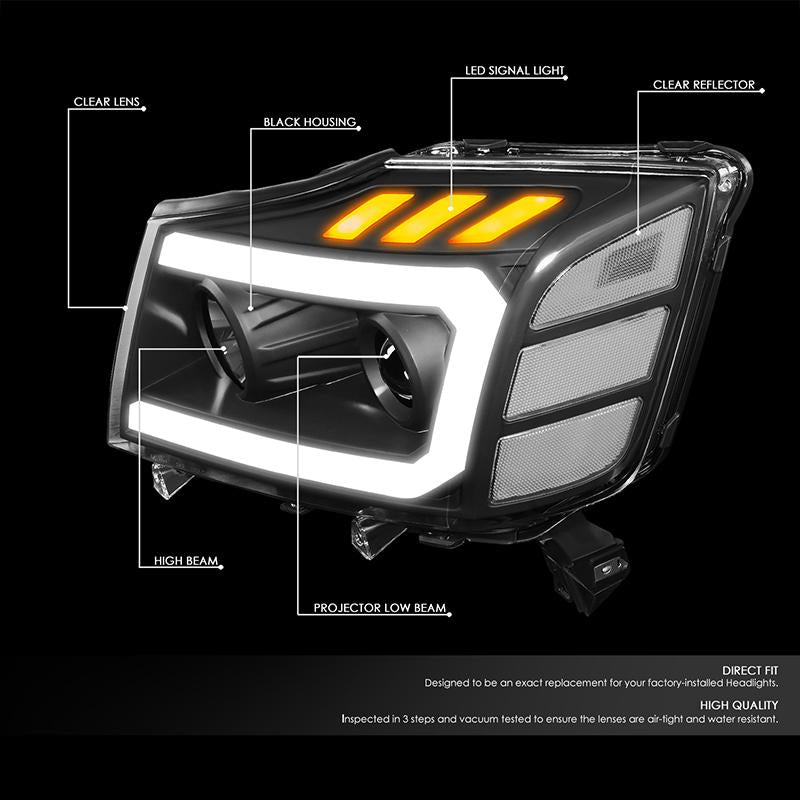 DNA Motoring, 04-15 Nissan Titan 05-07 Armada LED DRL+Turn Signal Projector Headlights - Black Clear