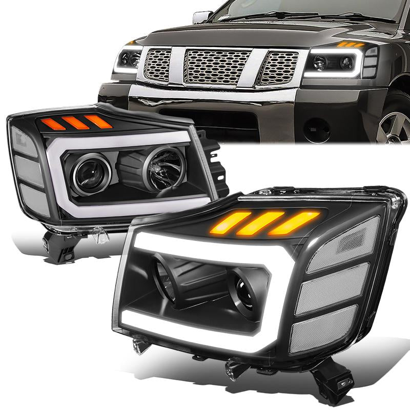 DNA Motoring, 04-15 Nissan Titan 05-07 Armada LED DRL+Turn Signal Projector Headlights - Black Clear