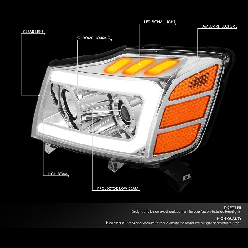 DNA Motoring, 04-15 Nissan Titan 05-07 Armada LED DRL+Turn Signal Projector Headlights - Chrome Amber