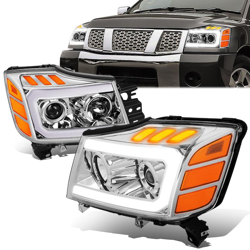 DNA Motoring, 04-15 Nissan Titan 05-07 Armada LED DRL+Turn Signal Projector Headlights - Chrome Amber