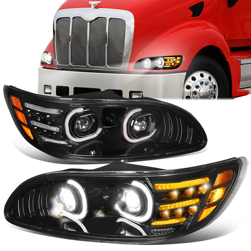 DNA Motoring, 05-20 Peterbilt 325 330 382 386 LED Halo DRL+Turn Signal Projector Headlights - Black Housing