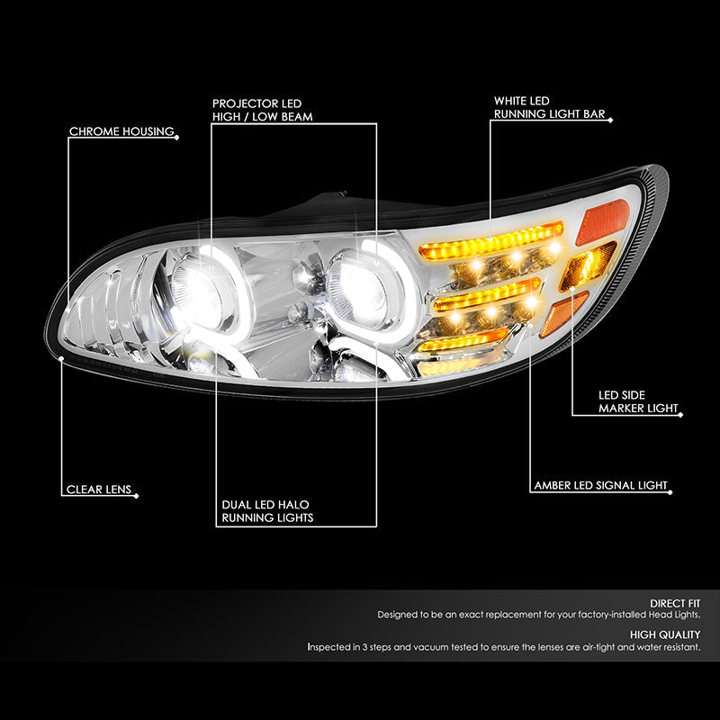 DNA Motoring, 05-20 Peterbilt 325 330 382 386 LED Halo DRL+Turn Signal Projector Headlights - Chrome Housing