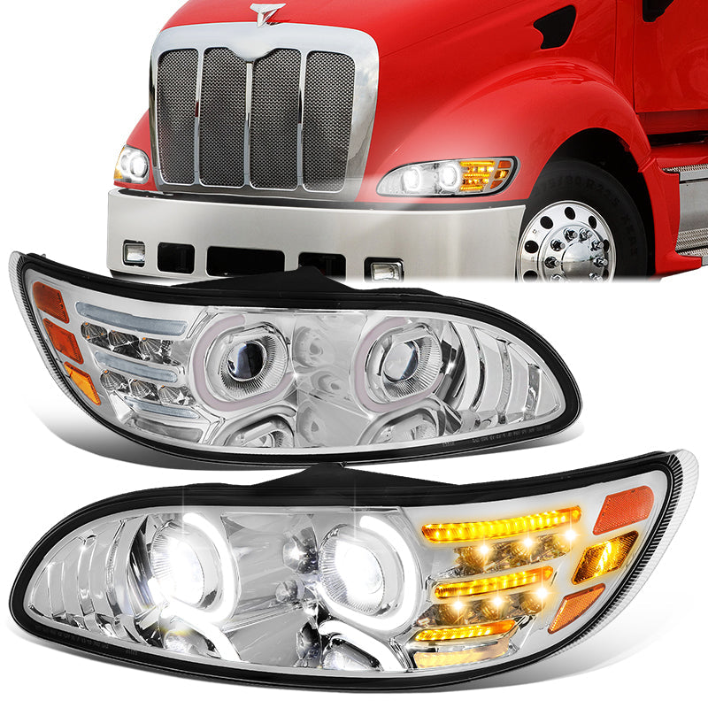 DNA Motoring, 05-20 Peterbilt 325 330 382 386 LED Halo DRL+Turn Signal Projector Headlights - Chrome Housing