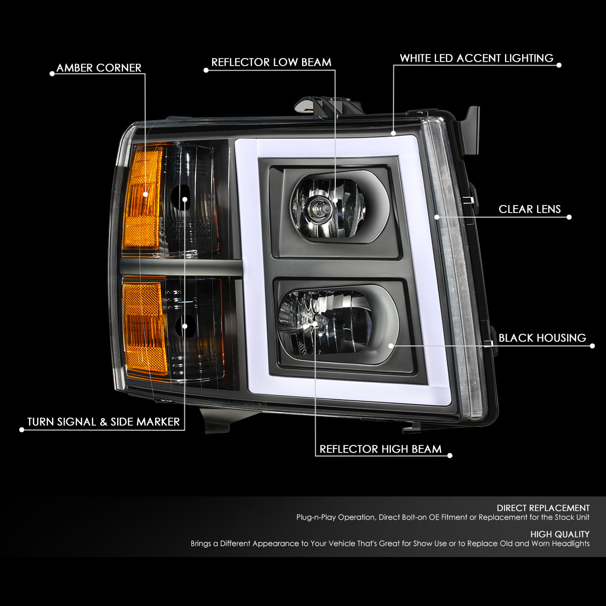 DNA Motoring, 07-14 Chevrolet Silverado 1500 2500HD 3500 LED Headlights - Black Housing Amber Corner