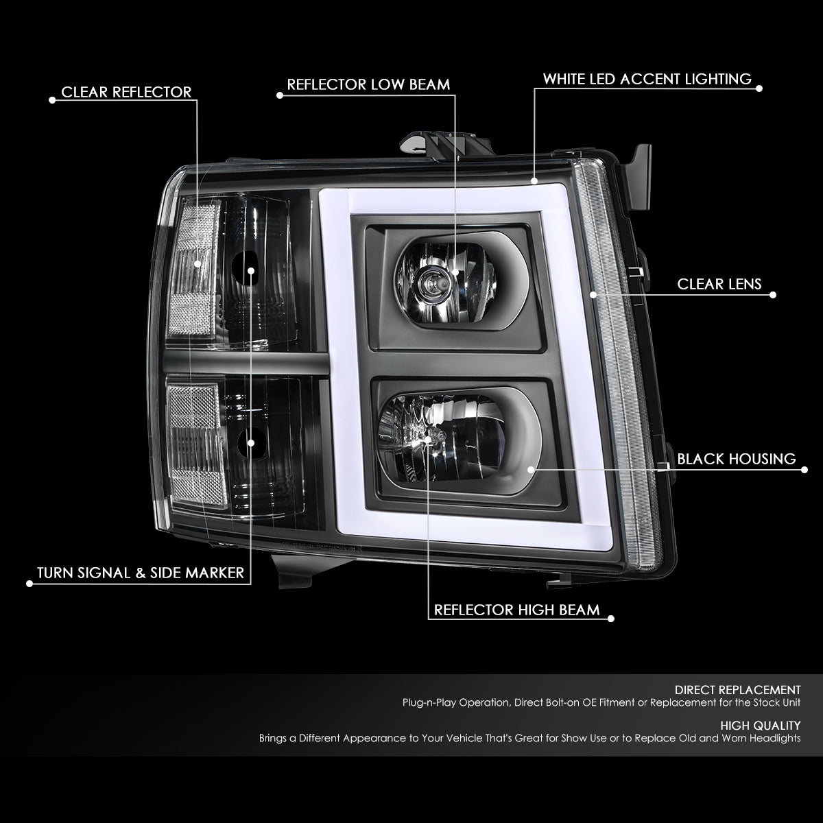 DNA Motoring, 07-14 Chevrolet Silverado 1500 2500HD 3500 LED Headlights - Black Housing Clear Corner