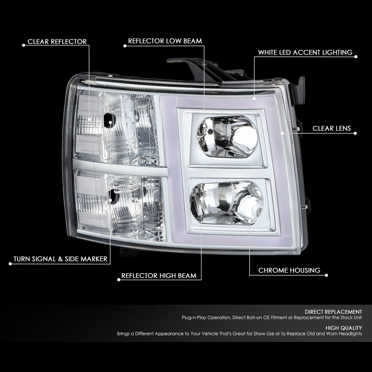 DNA Motoring, 07-14 Chevrolet Silverado 1500 2500HD 3500 LED Headlights - Chrome Housing Clear Lens