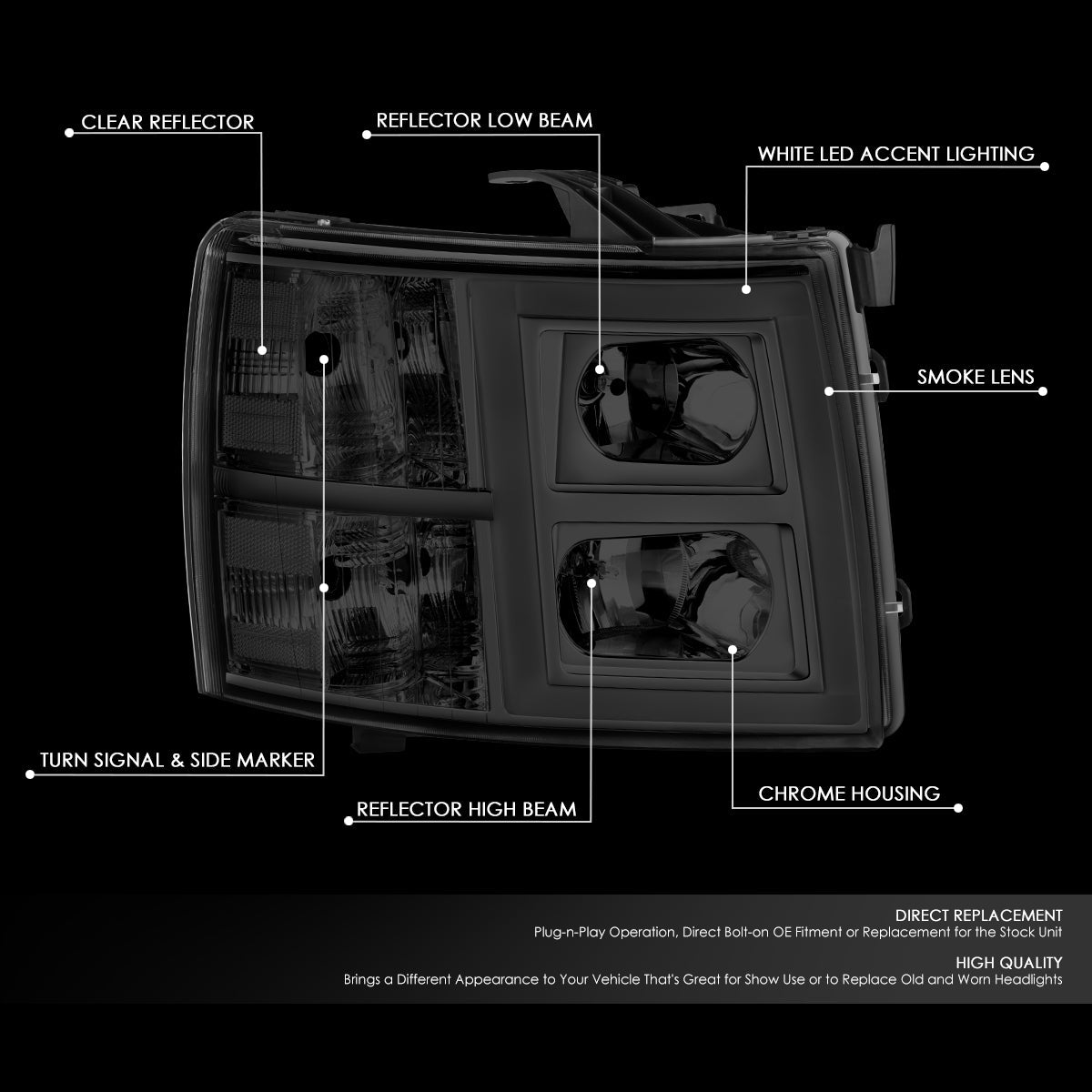 DNA Motoring, 07-14 Chevrolet Silverado 1500 2500HD 3500 LED Headlights - Chrome Housing Smoked Lens